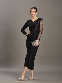 Miss Chase - Women's Black V Neck Full Sleeve Embellished Pleated Longline Dress