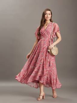 Miss Chase - Women's Pink Floral Tie Up Maxi Chiffon Dress