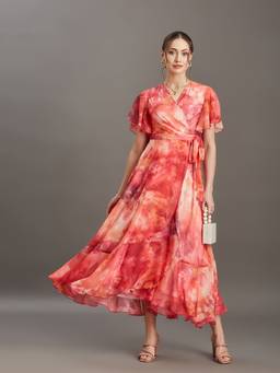 Miss Chase - Women's Flame Orange And Pink Abstract Tie Up Maxi Dress