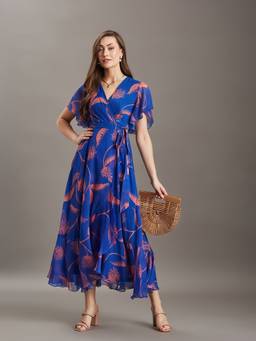 Miss Chase - Women's Royal Blue And Coral Floral Tie Up Maxi Dress