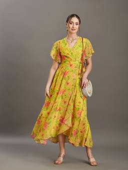 Miss Chase - Women's Acid Yellow Floral Tie Up Maxi Chiffon Dress