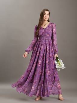 Miss Chase - Women's Lavender Floral Smocked Maxi Dress