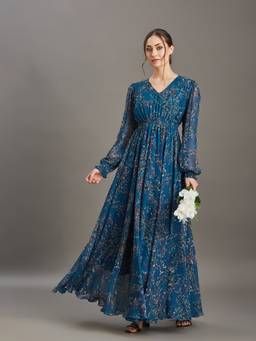 Miss Chase - Women's Teal Floral Smocked Maxi Dress