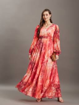 Miss Chase - Women's Flame Orange And Pink Floral Smocked Maxi Dress