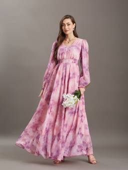 Miss Chase - Women's Pink And Lavender Floral Smocked Maxi Dress