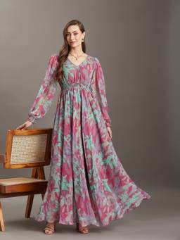 Miss Chase - Women's Pink And Mint Floral V Neck Smocked Maxi Chiffon Dress
