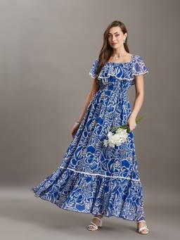 Miss Chase - Women's White And Blue Square Neck Floral Tiered Maxi Chiffon Dress