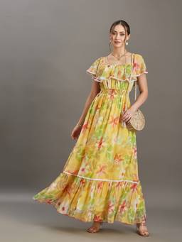 Miss Chase - Women's Butter Yellow Floral Tiered Maxi Dress