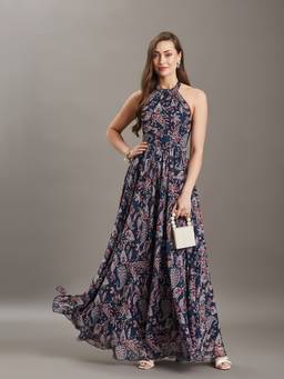 Miss Chase - Women's Navy Blue Abstract Tie Up Fit And Flare Maxi Dress