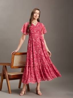 Miss Chase - Women's Pink Floral V Neck Flared Sleeve Wrap Midi Chiffon Dress