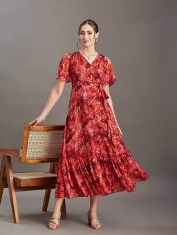 Miss Chase - Women's Orange Floral Wrap Chiffon Midi Dress