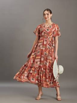 Miss Chase - Women's Peach Floral Wrap Chiffon Midi Dress