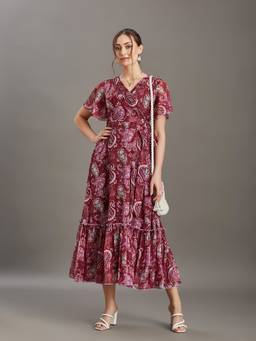 Miss Chase - Women's Wine Floral Wrap Chiffon Midi Dress