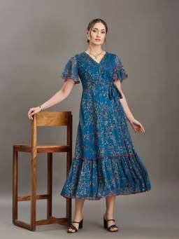 Miss Chase - Women's Teal Floral Wrap Chiffon Midi Dress