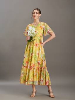 Miss Chase - Women's Butter Yellow Floral Wrap Chiffon Midi Dress
