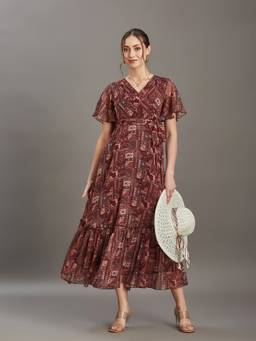Miss Chase - Women's Brown Floral V Neck Flared Sleeve Wrap Midi Chiffon Dress