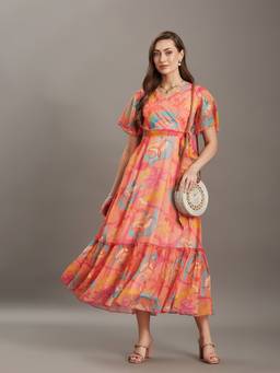 Miss Chase - Women's Light Orange Floral Wrap Chiffon Midi Dress