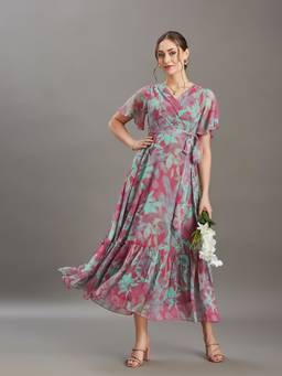 Miss Chase - Women's Pink And Mint Floral V Neck Flutter Sleeve Wrap Chiffon Midi Dress