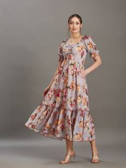 Miss Chase - Women's Light Grey Sweetheart Puff Sleeve Midi Dress