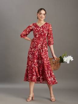 Miss Chase - Women's Maroon Floral Wrap Chiffon Midi Dress
