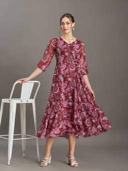 Miss Chase - Women's Multi-Color Wine Floral V Neck Wrap Midi Chiffon Dress
