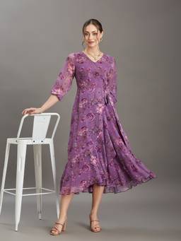 Miss Chase - Women's Lavender Floral Wrap Chiffon Midi Dress