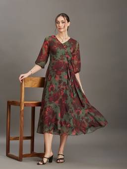 Miss Chase - Women's Olive And Wine Floral V Neck Wrap Midi Chiffon Dress