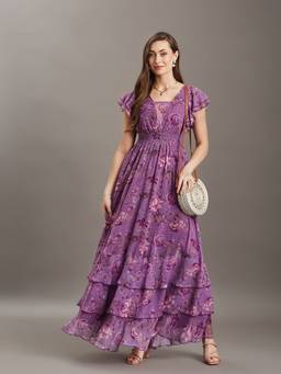 Miss Chase - Women's Lavender Floral Layered Ruffle Maxi Chiffon Dress