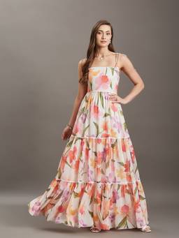 Miss Chase - Women's Green And Orange Shoulder Tie Up Floral Tiered Maxi Chiffon Dress