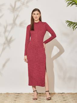 Miss Chase - Women's Maroon Full Sleeve Solid Bodycon Midi Cotton Dress