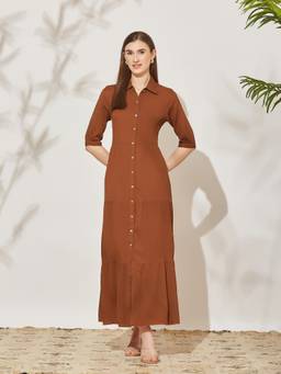 Miss Chase - Women's Rust Solid Shirt Maxi Dress With s