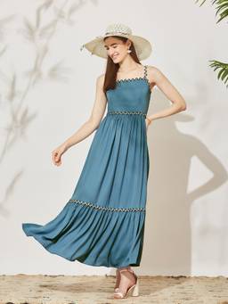 Miss Chase - Women's Azure Blue Square Neck Sleeveless Solid Tiered Maxi Crepe Dress