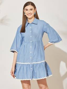 Miss Chase - Women's Light Blue Striped Cotton Shirt Dress With Flared Sleeves