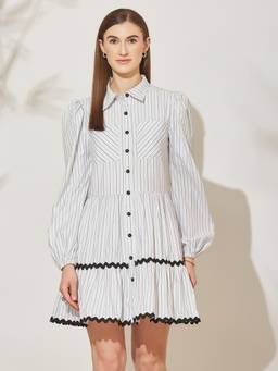 Miss Chase - Women's Black And Grey Striped Cotton Shirt Dress