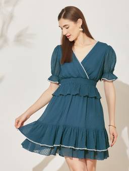 Miss Chase - Women's Azure Blue Self Design Tiered Chiffon Dress