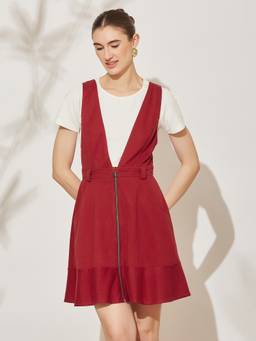 Miss Chase - Women's Maroon Solid Pinafore Dress With Side Pockets