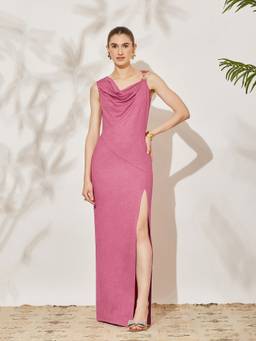 Miss Chase - Women's Pink Asymmetric Cowl Sleeveless Solid Bodycon Maxi Polyester Dress
