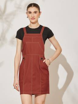 Miss Chase - Women's Rust Square Neck Solid Pinafore Mini Cotton Dress