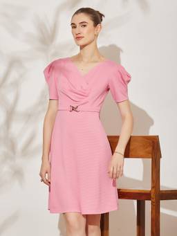 Miss Chase - Women's Pink V Neck Pleated Puff Sleeve Wrap Knee Length Polyester Dress