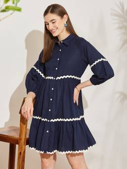 Miss Chase - Women's Navy Blue Cotton Shirt Dress With Balloon Sleeves