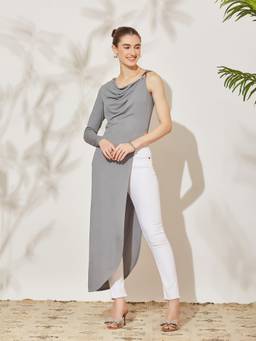 Miss Chase - Women's Grey Asymmetric Cowl Full Sleeve Maxi Top