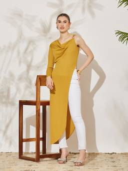 Miss Chase - Women's Mustard Asymmetric Cowl Full Sleeve Maxi Top