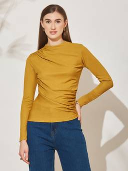 Miss Chase - Women's Golden Draped Full Sleeve Polyester Top