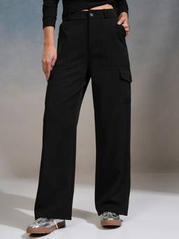 TOKYO TALKIES - Women Black High Rise Straight Fit Trouser