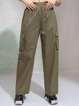 TOKYO TALKIES - Women Olive High Rise Straight Fit Trouser