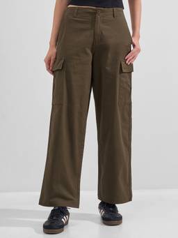TOKYO TALKIES - Women Olive Solid Cotton Cargo Pant