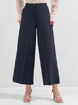 TOKYO TALKIES - Women Navy Blue Solid Mid Rise Relaxed Fit Trouser