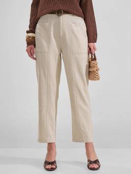 TOKYO TALKIES - Women Beige Solid Mid Rise Regular Fit Trouser