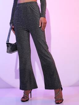 TOKYO TALKIES - Women Blue Mid Rise Flared Shimmer Trouser