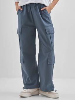 TOKYO TALKIES - Women Blue Solid Straight Fit Cargo Pant Side Pkt